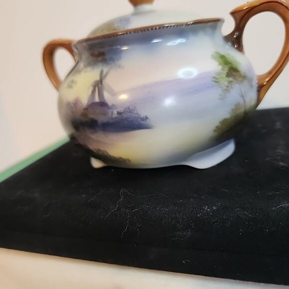 VTG Morimura Noritake Moriage Sugar Bowl Windmill Trees Water Blue White Lid - Picture 2 of 12
